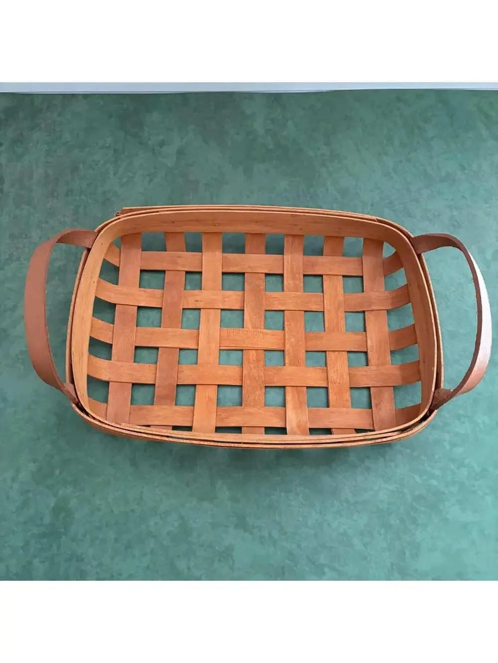 Gerald E Henn Tobacco Basket Tray Rectangular Woven Wood Leather Handles